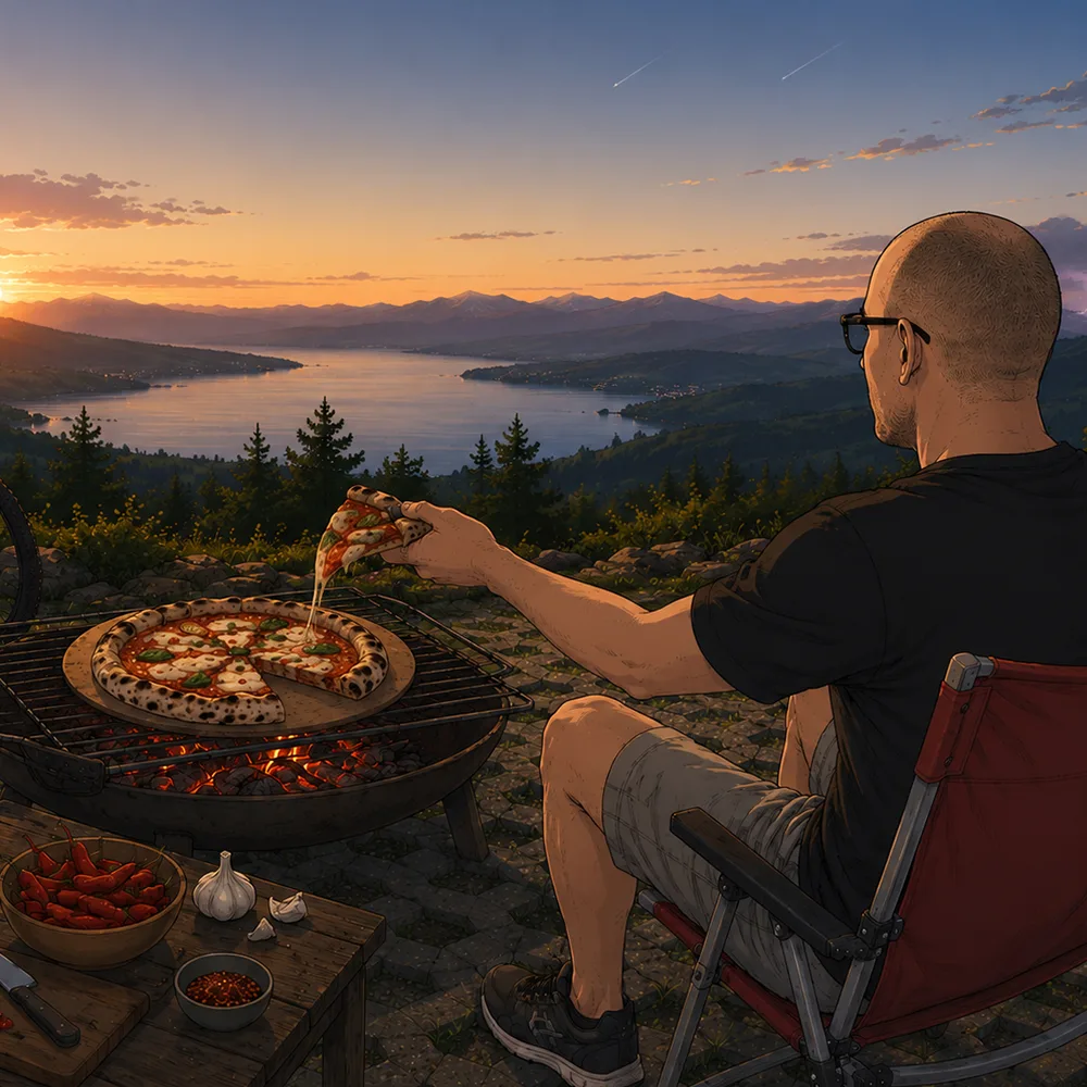 Bild von Mitarbeiter Patrick isst Pizza