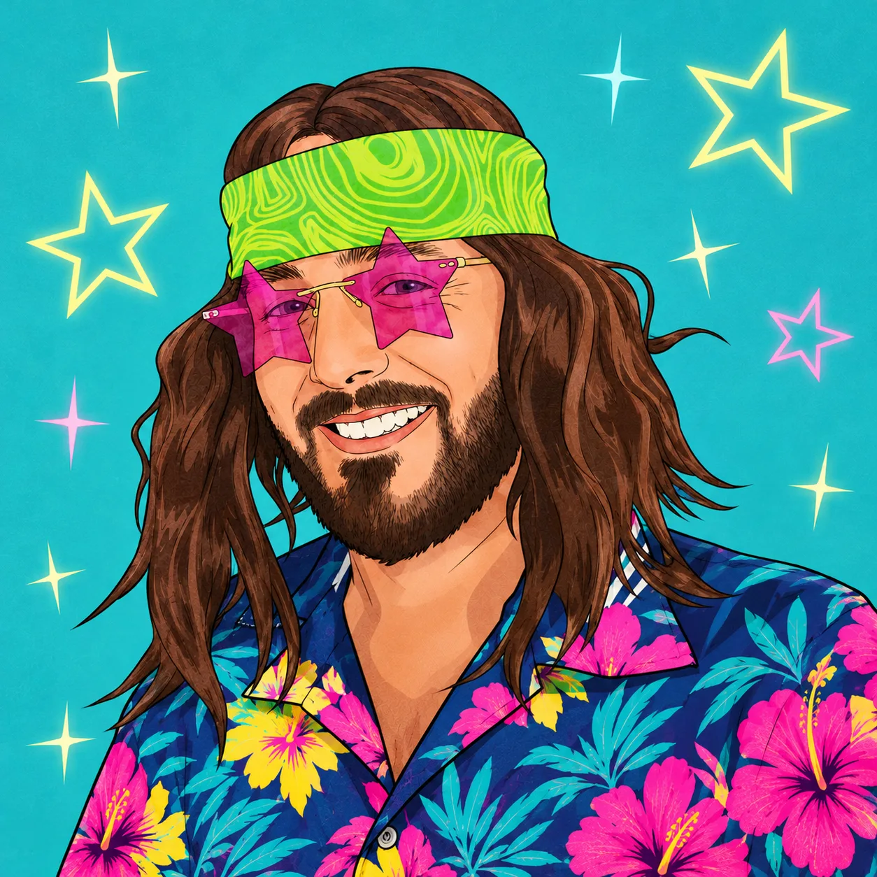 Neon-Sternenportrait mit Hawaiihemd Bild von Mitarbeiter Ralf auf seinem Motorrag